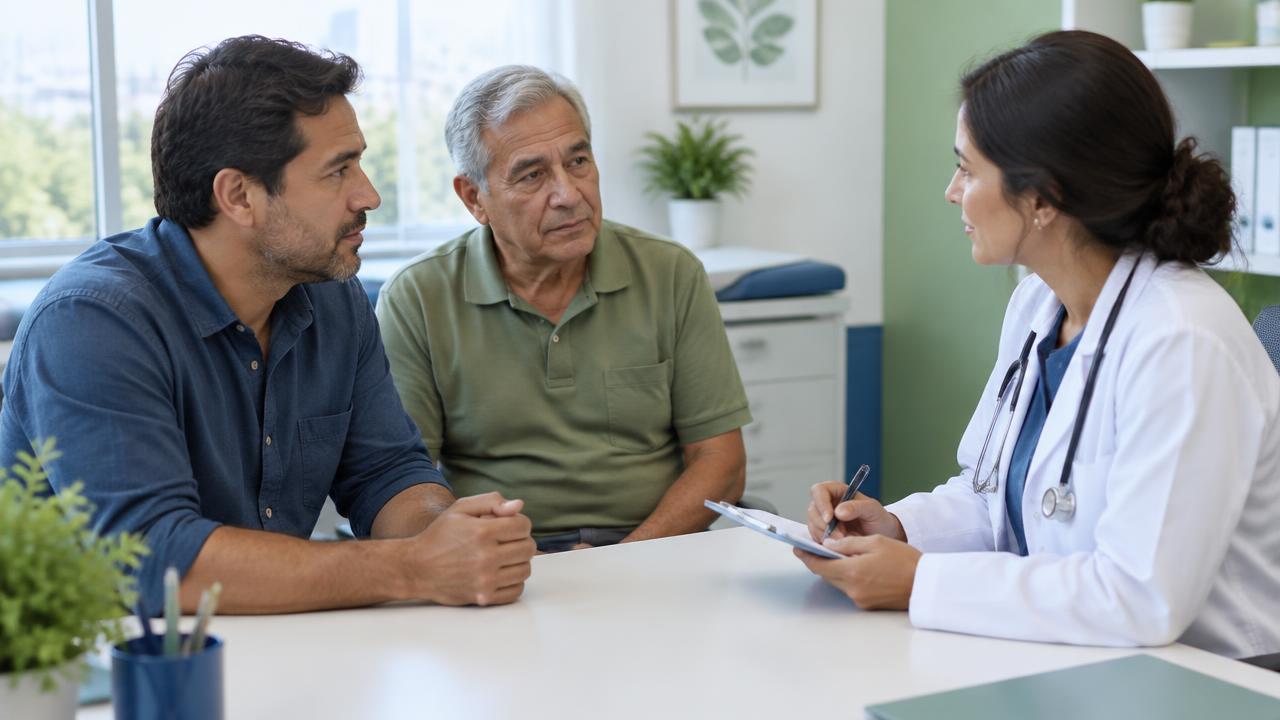 Imagem ilustrativa de pai e filho adultos conversando com médica sobre histórico familiar de diabetes
