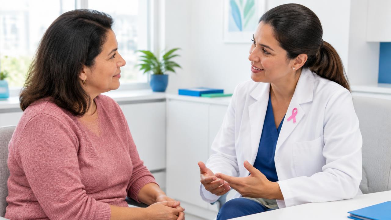 Imagem ilustrativa de mulher conversando com médica sobre saúde das mamas e Outubro Rosa