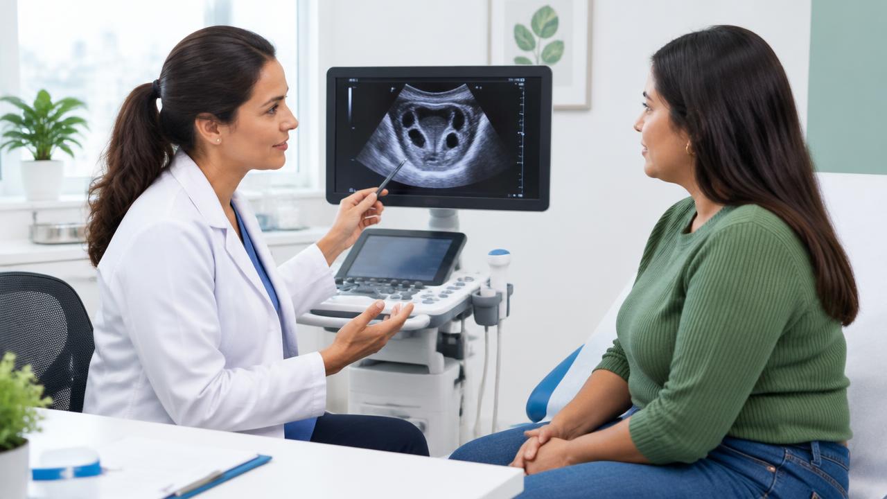 Imagem ilustrativa de consulta ginecológica com conversa sobre exame de ultrassom