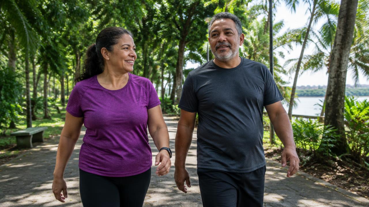 Imagem ilustrativa de adultos caminhando em parque tropical como parte de uma rotina de autocuidado